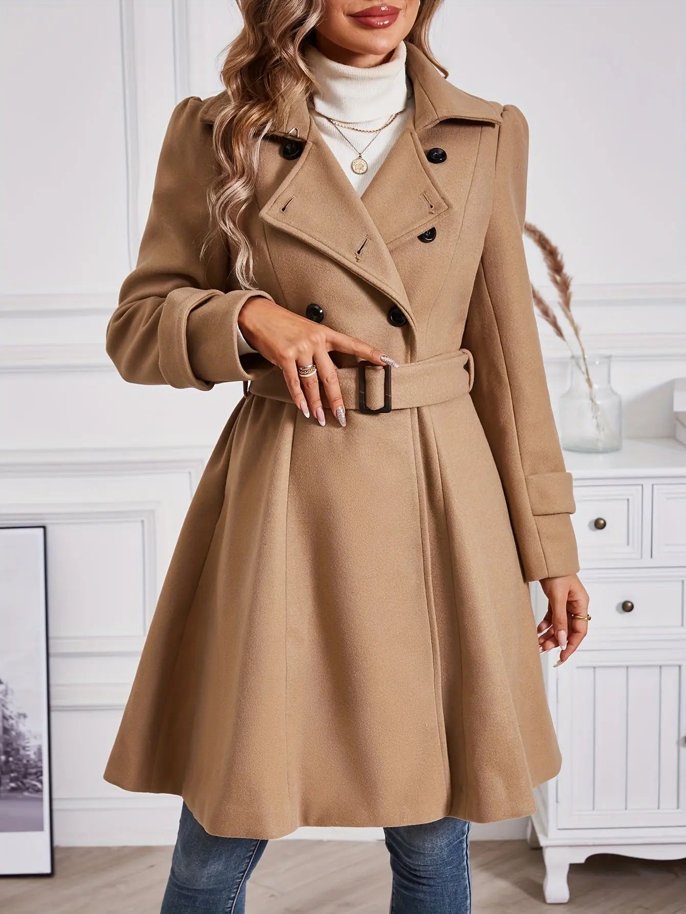 Double-Breasted Wool Belted Coat for Women, Elegant Long Sleeve Fall Winter Coat MyFave Boutique