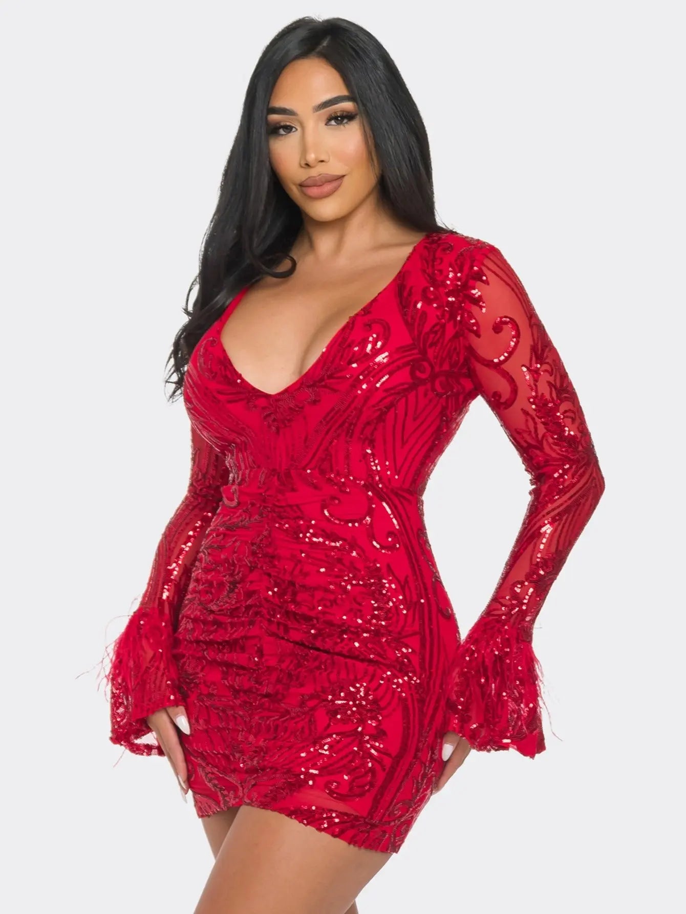 Elegant Long-Sleeve Sequin Mini Dress with Feather Trim Perfect for Glamorous Events MyFave Boutique