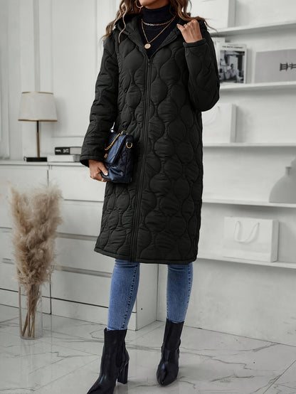 Elegant Long Hooded Puffer Coat, Quilted Winter Jacket With Zip Detail, Women's Clothing MyFave Boutique