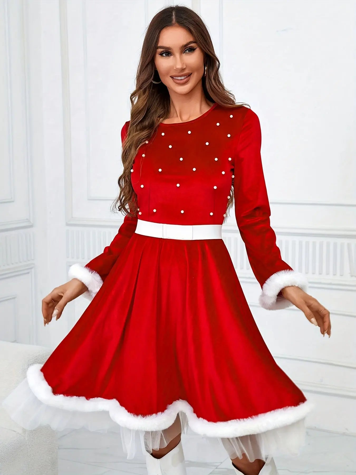 1pc Festive Christmas Dress for Women, Polyester Red Santa Costume with Faux Fur Trim and Belt Detail, Casual Round Neck Long Sleeve Holiday Party Outfit MyFave Boutique