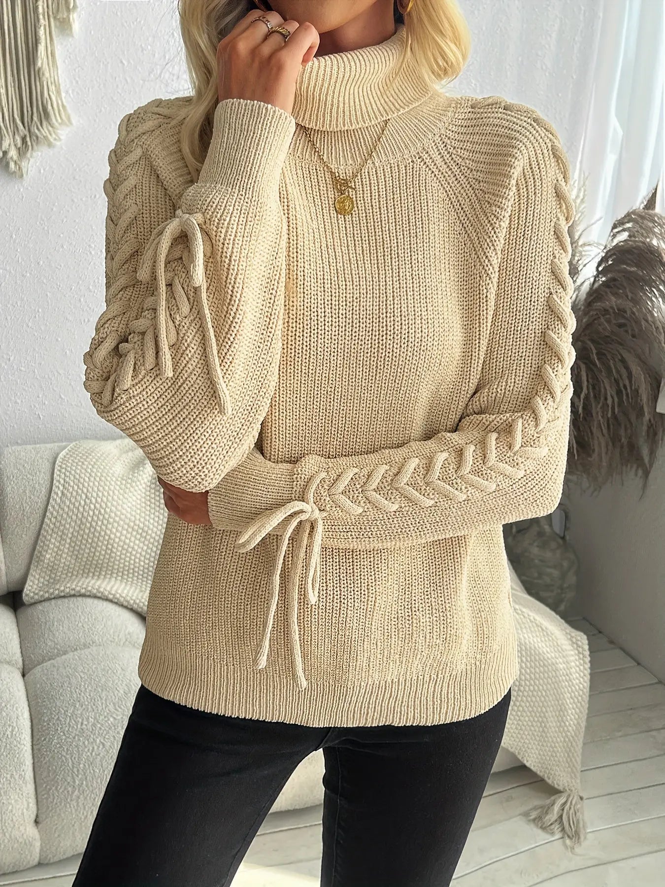 Turtle Neck Tie Long Sleeve Sweater, Elegant Raglan Sleeve Sweater For Fall & Winter, Women's Clothing MyFave Boutique