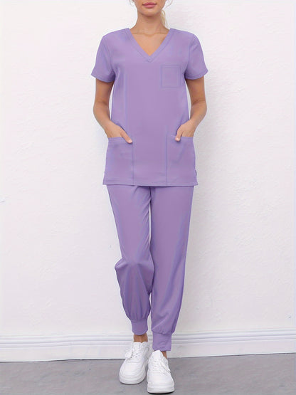 two-piece Women's Medical Scrub Set: V-Neck Short Sleeve Top & Pants with Pockets MyFave Boutique