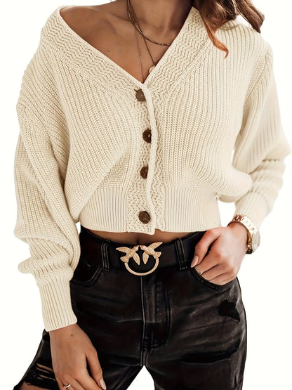 Women's Rib Knit Cropped Cardigan Sweater with Long Sleeves and V-Neck MyFave Boutique