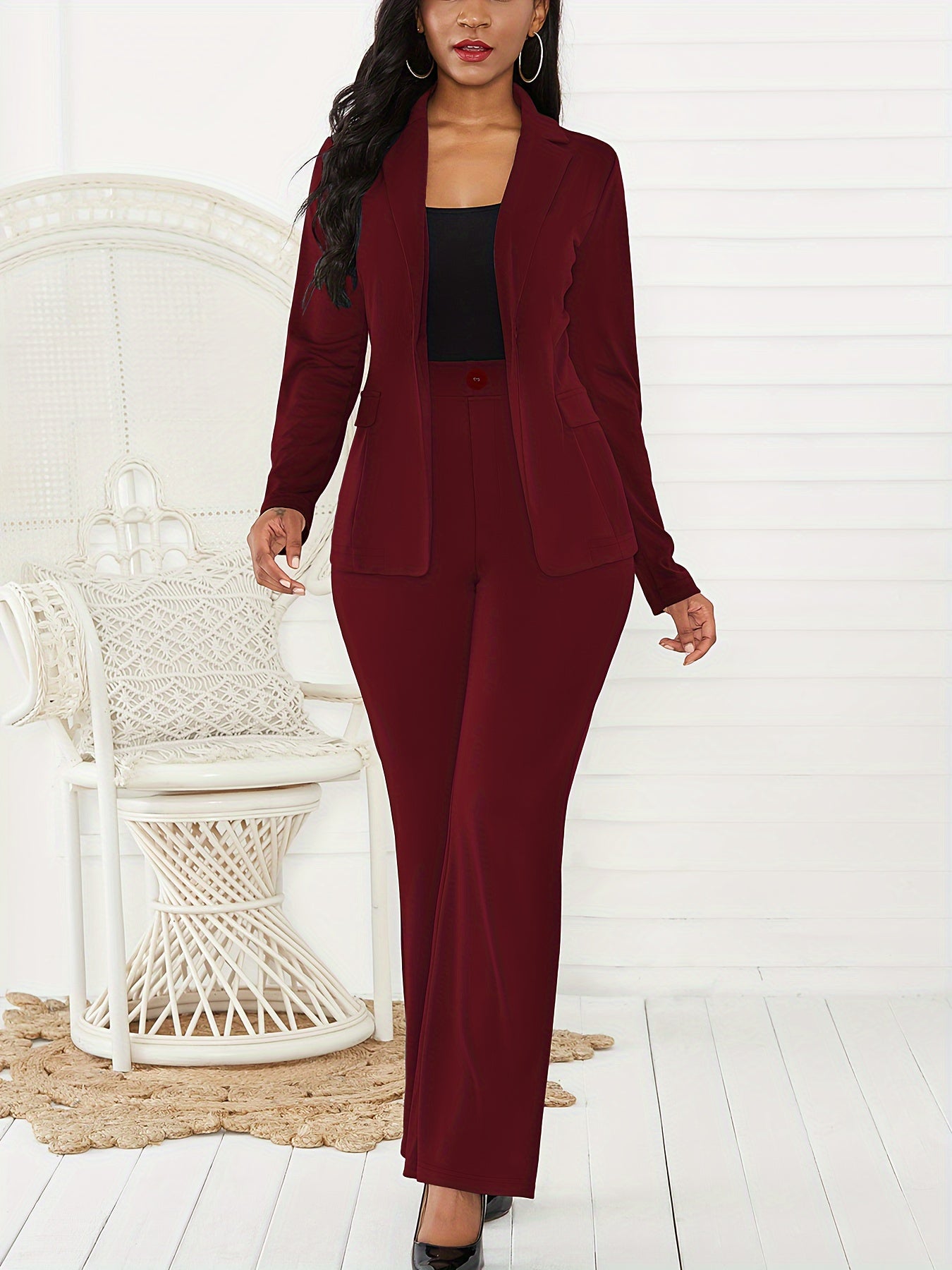 Elegant Solid Slim-Fit Two Piece Set, Single-Breasted Lapel Neck Blazer & Pants Outfits For Office & Work, Women's Clothing MyFave Boutique