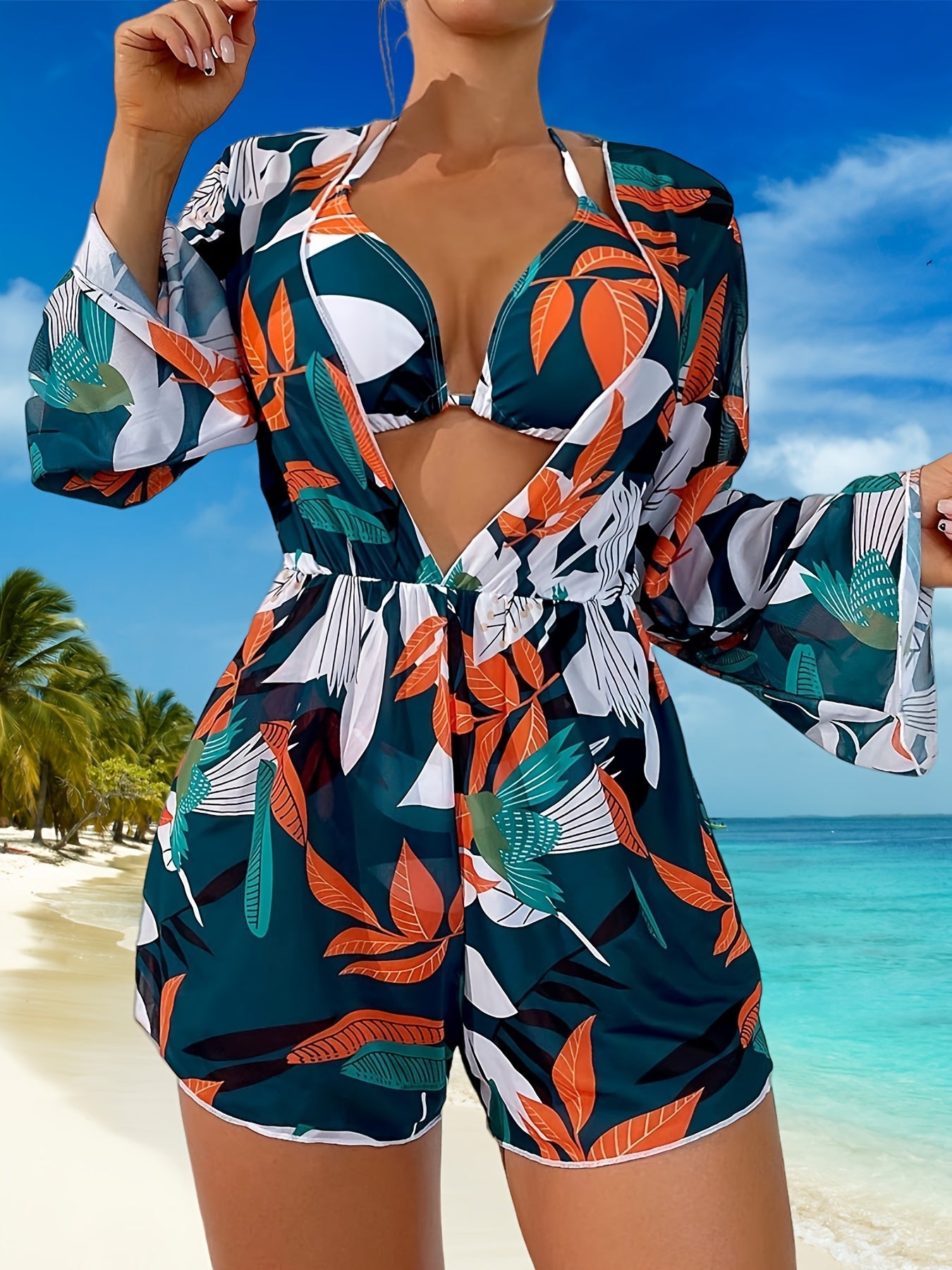 Women's Fashion Bikini Swimwear, Women's Sexy Printed Three-Piece Swimsuit With Cover-Up, Tropical Leaf Design MyFave Boutique