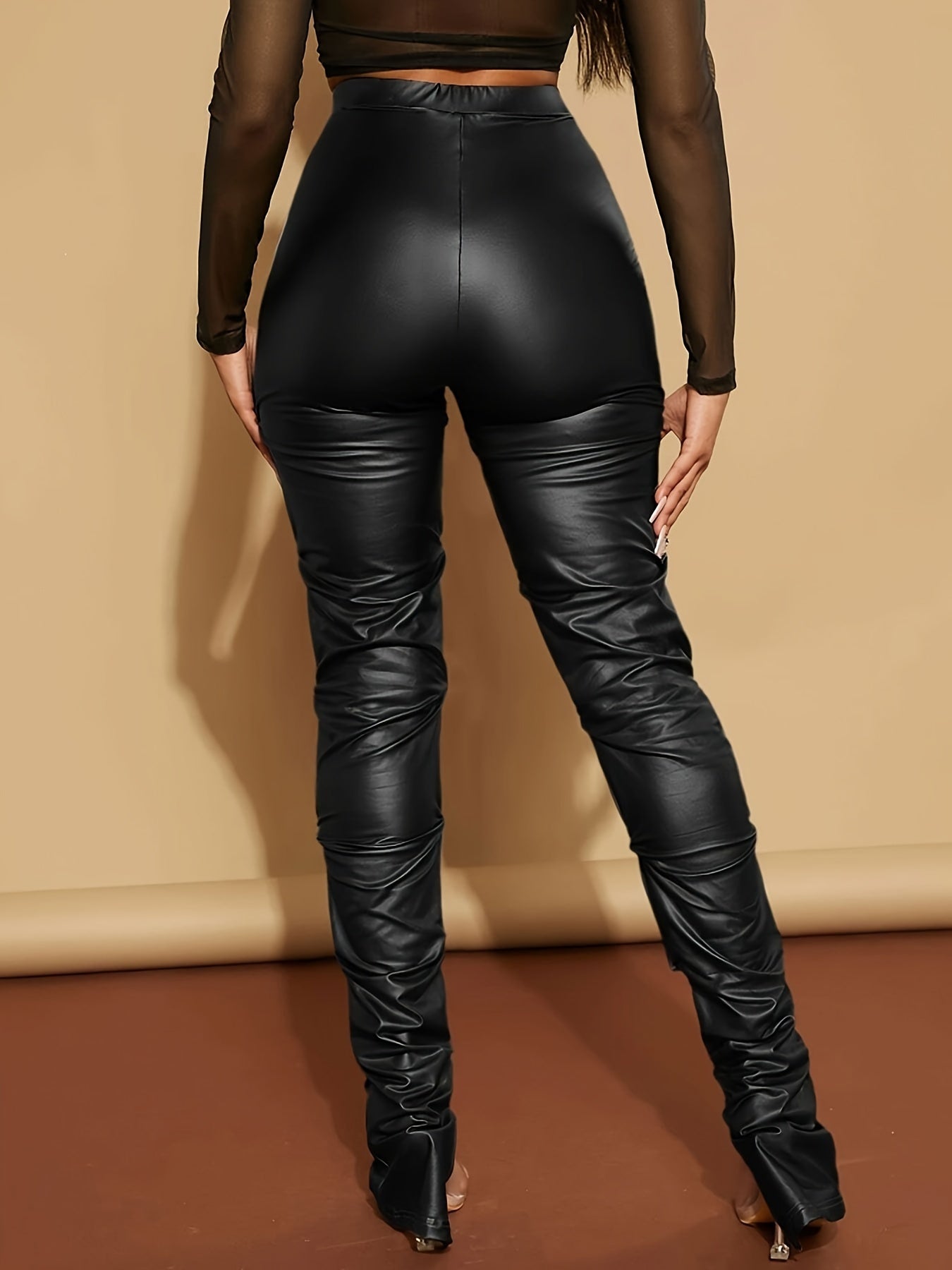 Solid Color High Waist Pants, Casual Ruched Skinny Split Leather Pants For Every Day, Women's Clothing MyFave Boutique