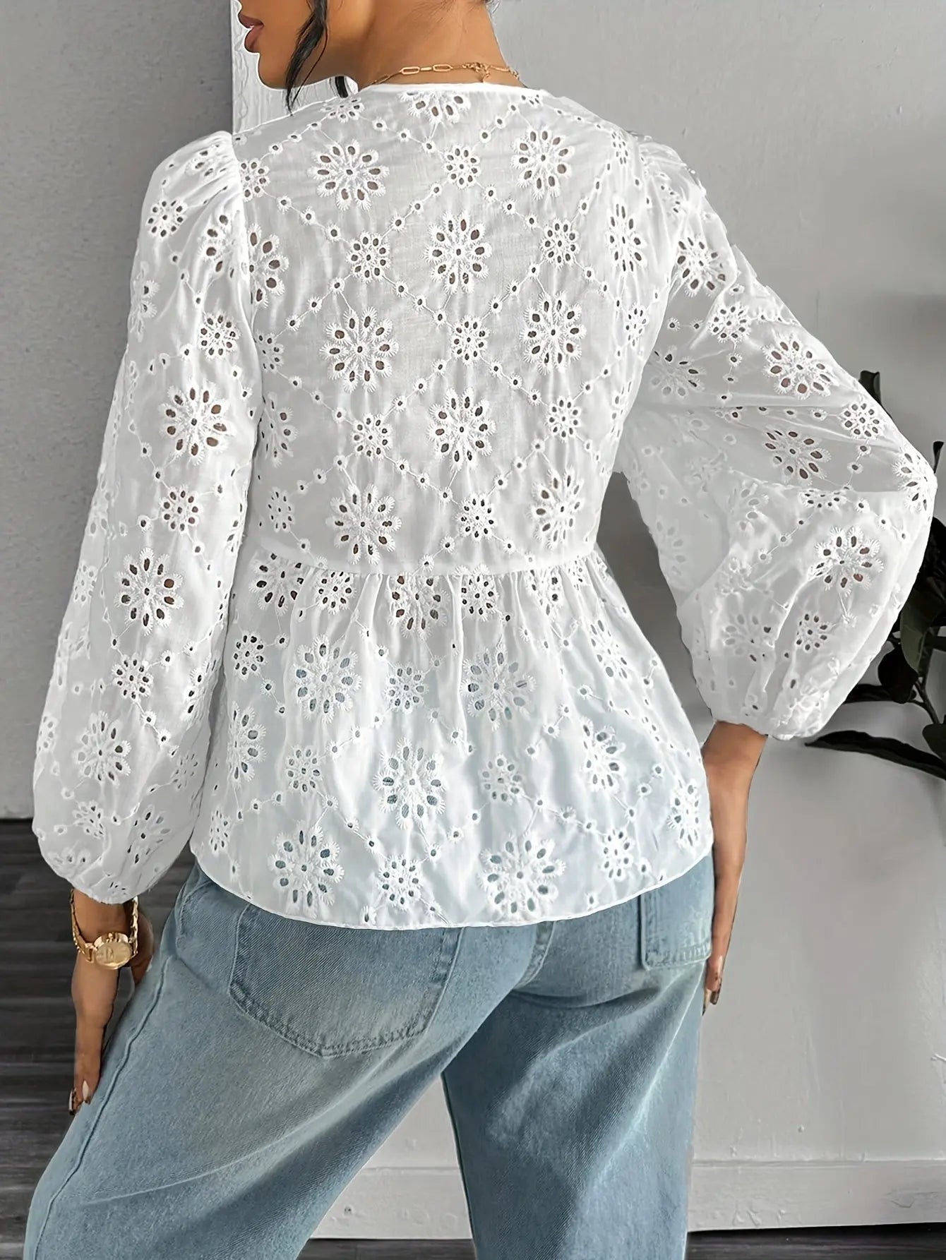 Eyelet Embroidered Tie Front Blouse, Elegant Lantern Sleeve Solid Color Blouse For Spring & Fall, Women's Clothing MyFave Boutique