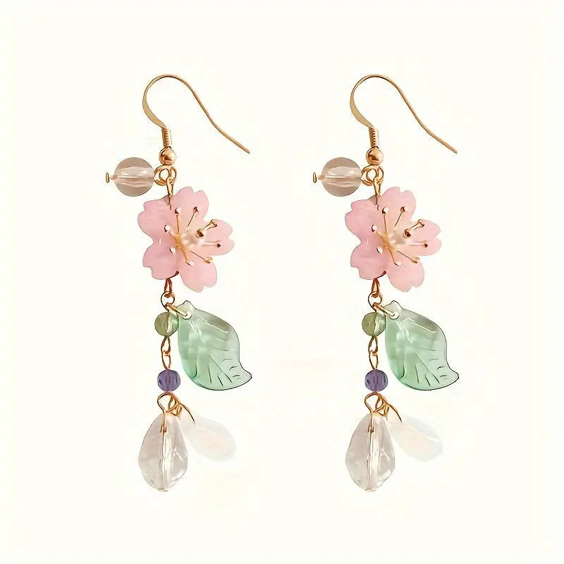 Floral Pink Cherry Blossom Dangle Earrings With Imitation Pearl Accents, Summer Breeze Pastoral Style, Classic Festive Ear Jewelry For Seaside Holidays MyFave Boutique