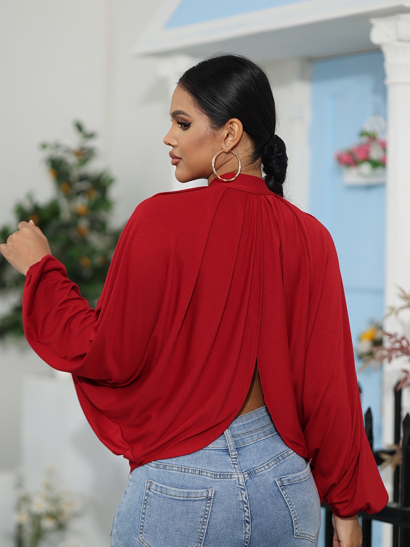 Women's Sexy Solid Color Balloon Sleeve Blouse with Open Back MyFave Boutique