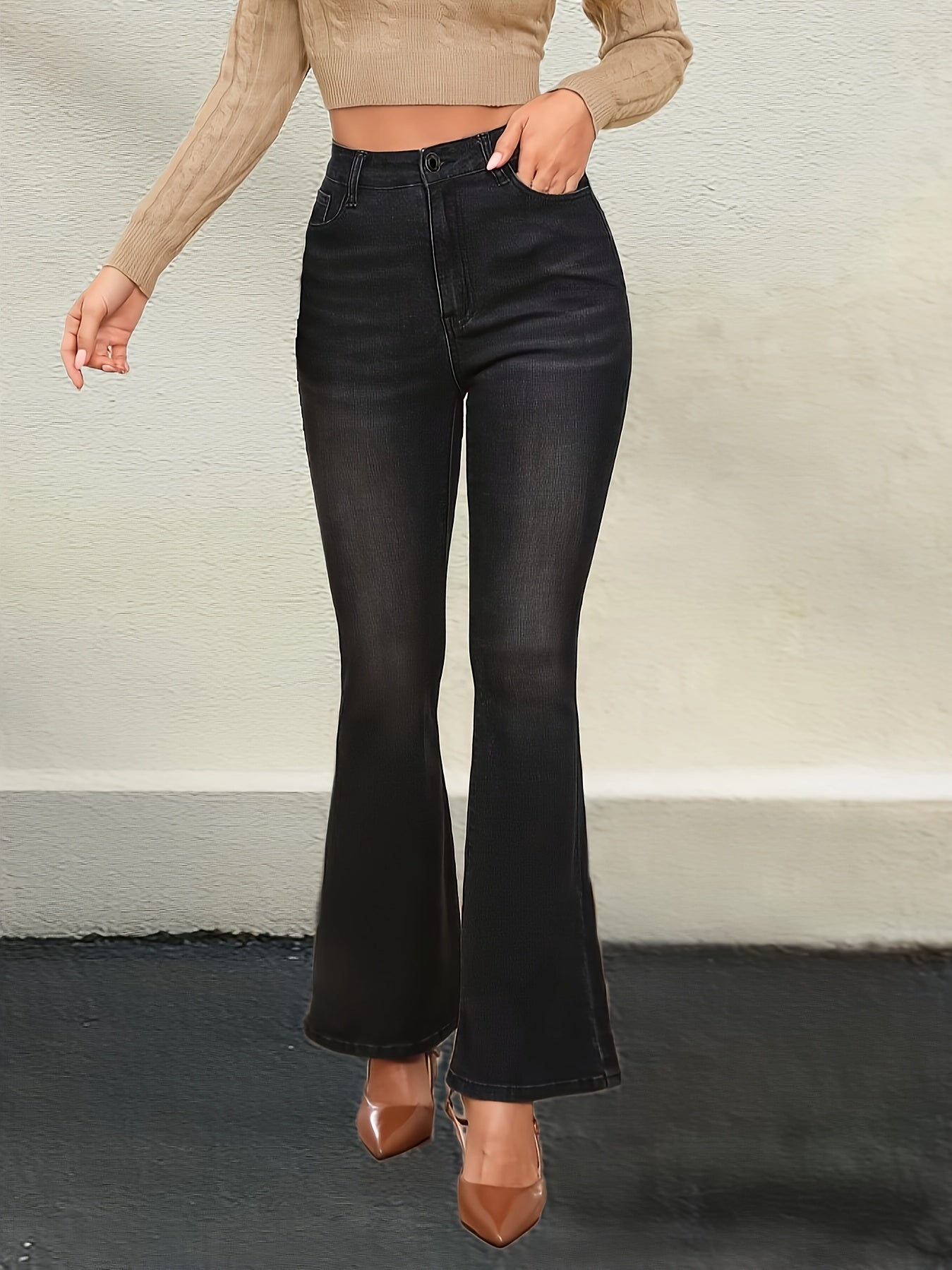 Plush Lined Plain Black Color Flare Leg Elegant Style Zipper Button Closure Denim Pants For Winter, Women's Denim Jeans & Clothing MyFave Boutique