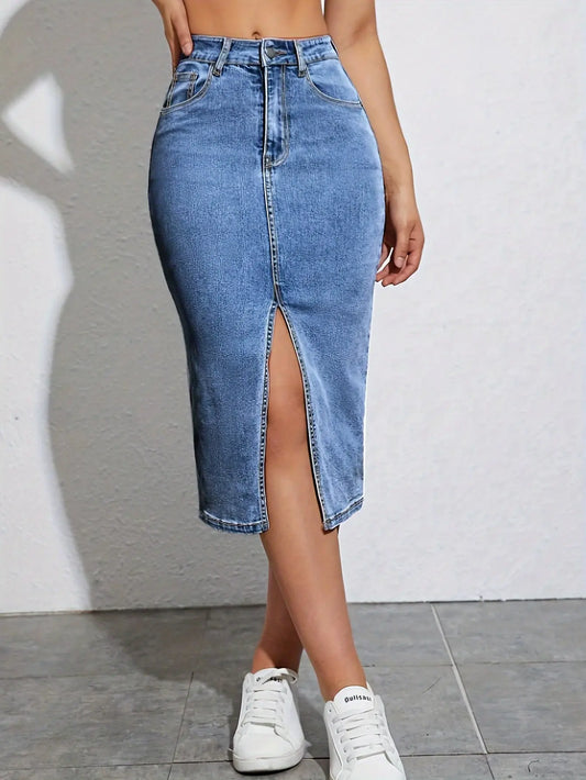 High-Waisted Vintage Plain Midi Denim Skirt With Front Split For Spring/Summer – Retro Style MyFave Boutique