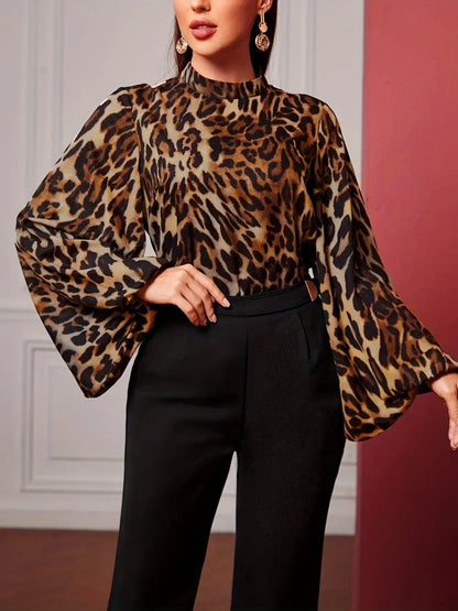 Leopard Print Mock Neck Blouse, Casual Long Sleeve Blouse For Spring & Fall, Women's Clothing MyFave Boutique