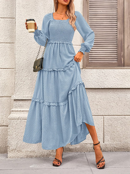 Women's Long Sleeve Smocked Maxi Dress Casual Square Neck Swiss Dot Tiered Ruffle Flowy Pocket Dresses MyFave Boutique