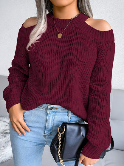 Women's Long Sleeve Cold Shoulder Knit Sweater, Solid Crew Neck Casual Sweater for Fall Winter MyFave Boutique