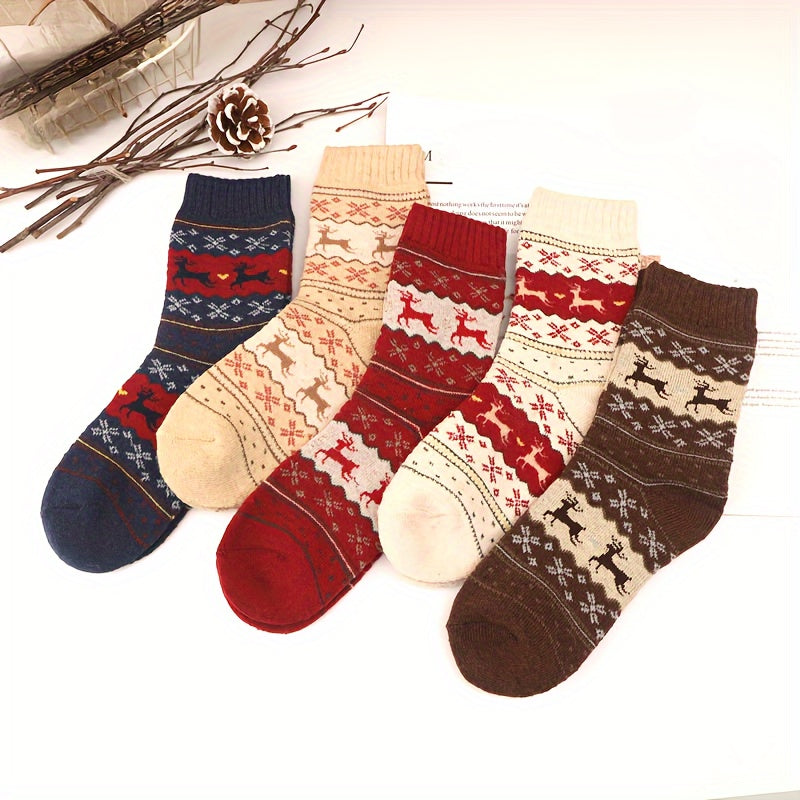 5pcs Cozy Thick Wool Socks for Women - Cute Reindeer & Snowflake Patterns, Soft Polyester Blend, Perfect for Winter Warmth MyFave Boutique