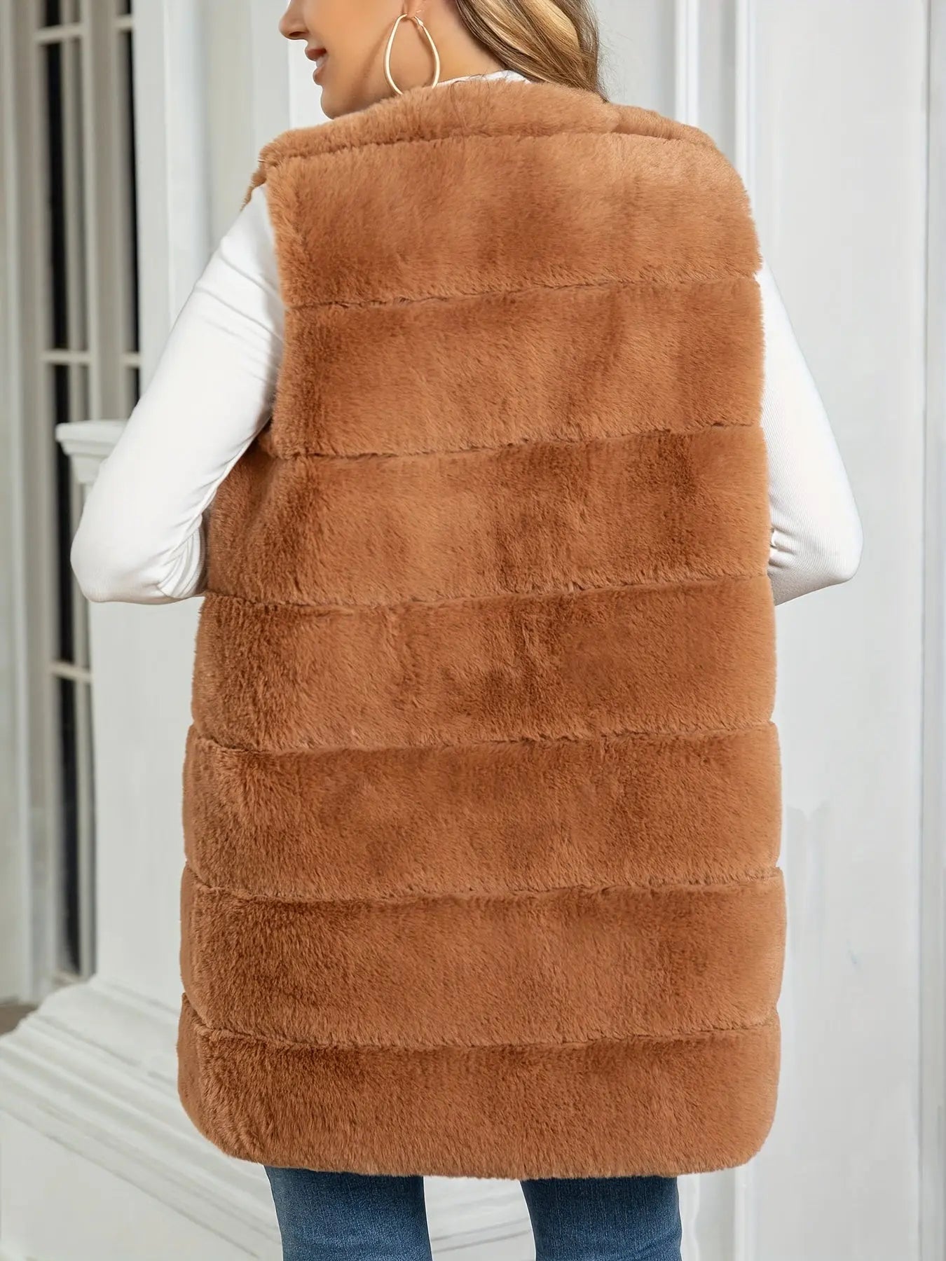 Fuzzy Solid Open Front Vest, Casual Sleeveless Winter Vest, Women's Clothing MyFave Boutique