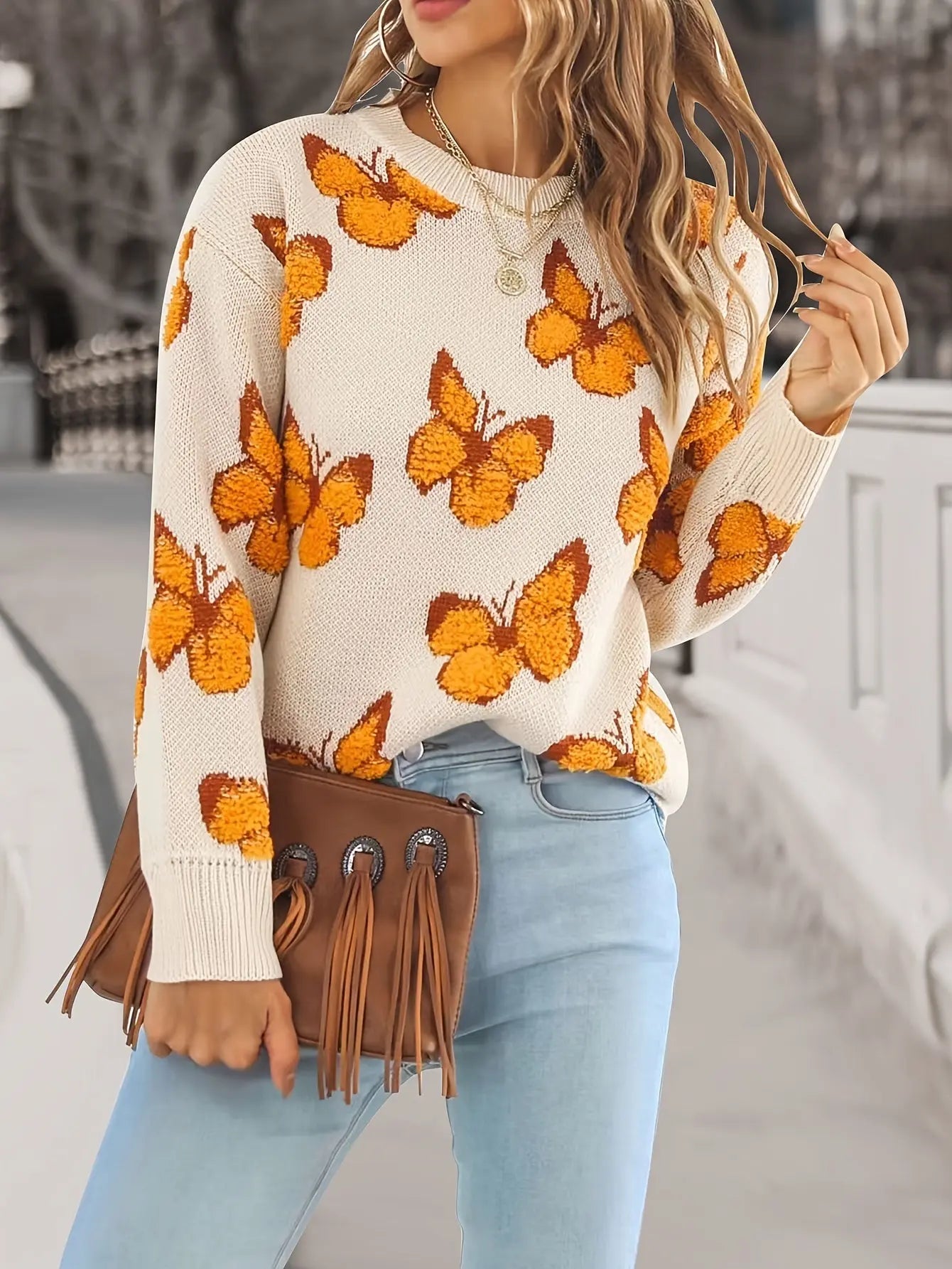 Butterfly Pattern Crew Neck Sweater, Casual Long Sleeve Sweater For Fall & Winter, Women's Clothing MyFave Boutique