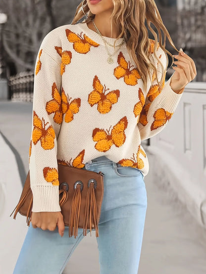 Butterfly Pattern Crew Neck Sweater, Casual Long Sleeve Sweater For Fall & Winter, Women's Clothing MyFave Boutique