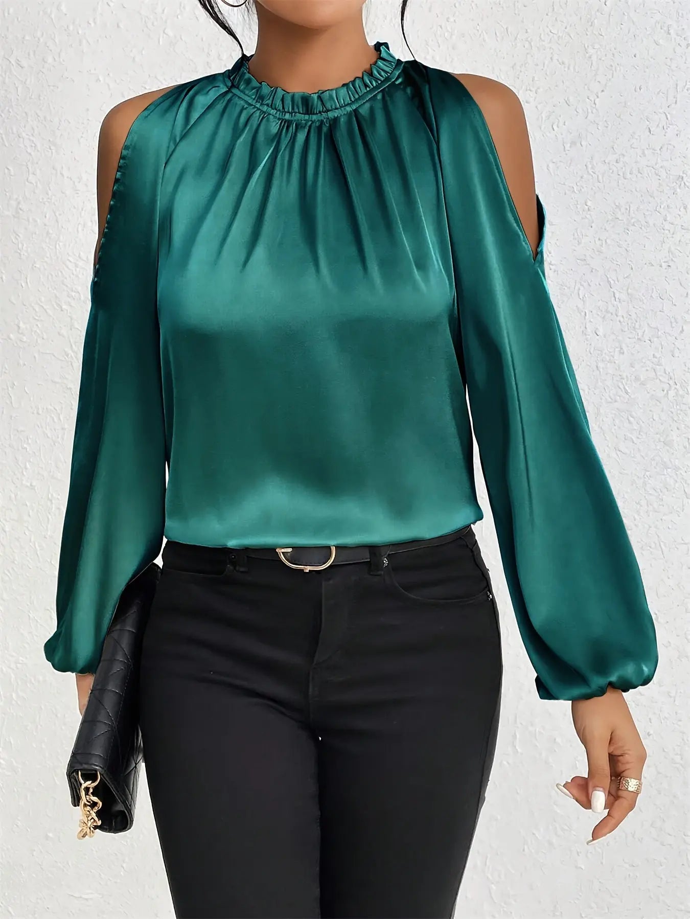 Cold Shoulder Mock Neck Blouse, Casual Lantern Sleeve Blouse For Spring & Fall, Women's Clothing MyFave Boutique