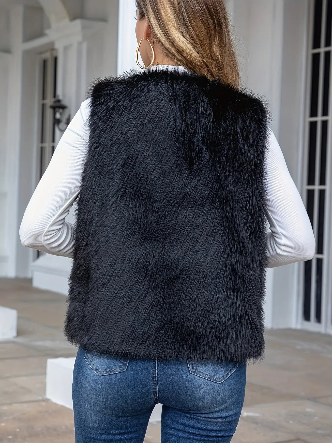 Faux Fur Open Front Vest, Stylish Solid Color Sleeveless Vest For Spring & Fall, Women's Clothing MyFave Boutique