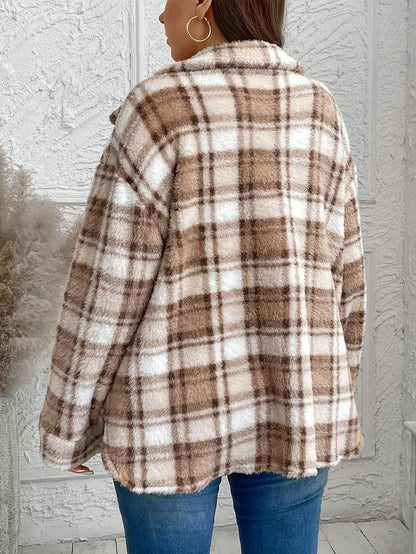 Elegant Women's Plaid Fleece-Lined Jacket - Casual Shirt Style with Pockets, Machine Washable - Perfect for Fall/Winter MyFave Boutique