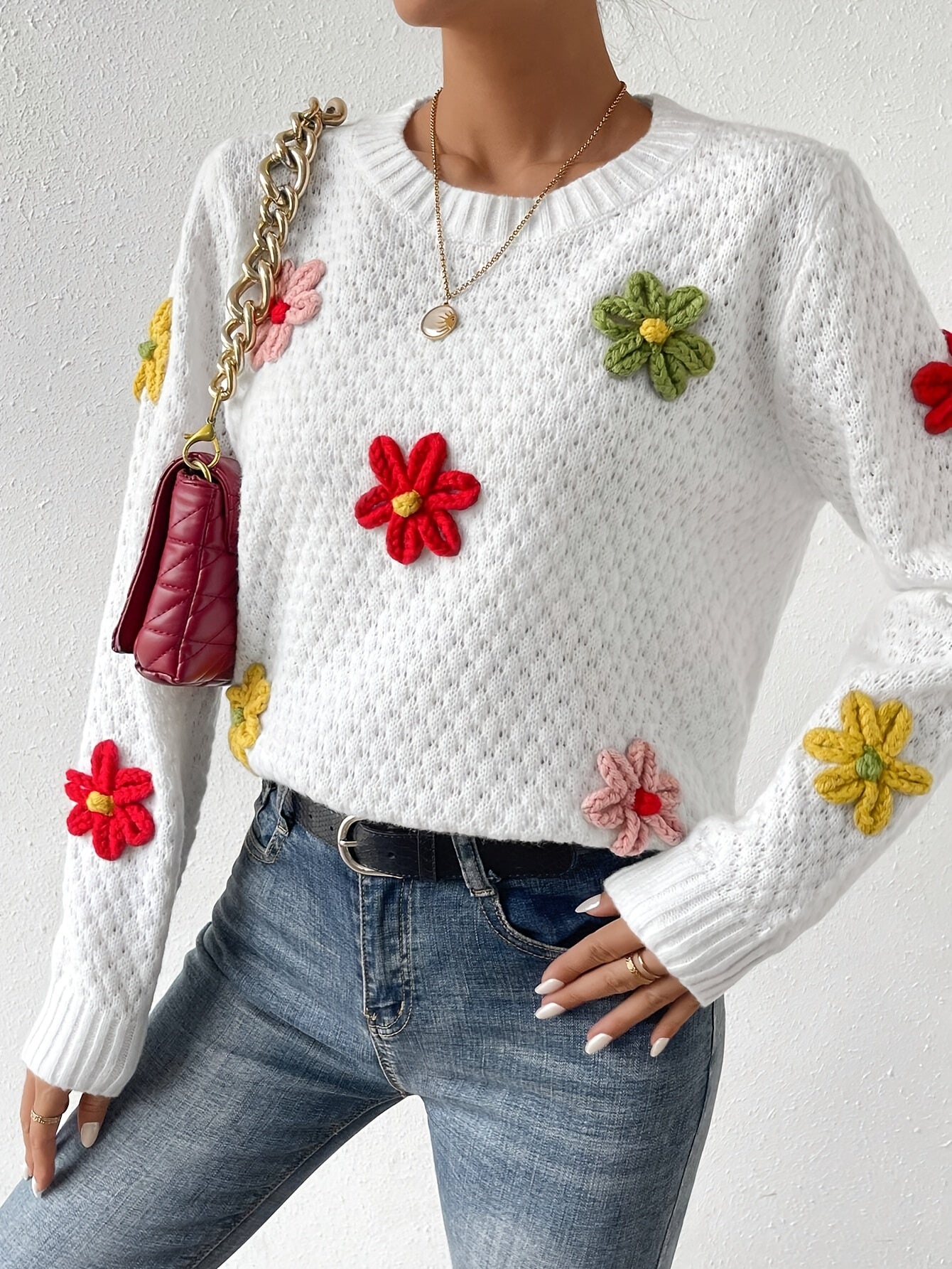 Floral Design Crew Neck Knitted Sweater, Casual Long Sleeve Drop Shoulder Pullover Sweater For Fall & Winter, Women's Clothing MyFave Boutique