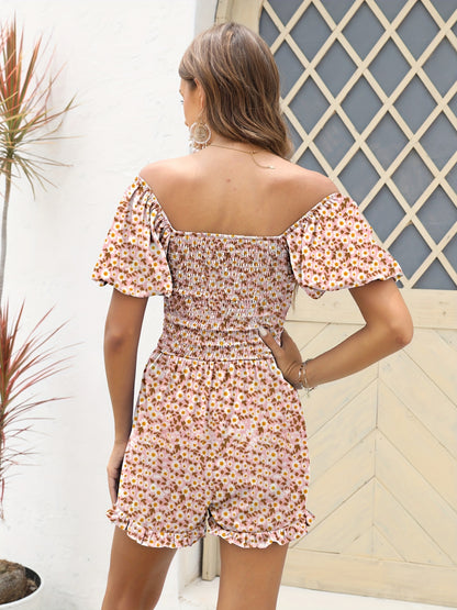 Floral Print Off Shoulder Romper Jumpsuit, Vacation Shirred Short Sleeve Romper Jumpsuit For Spring & Summer, Women's Clothing MyFave Boutique