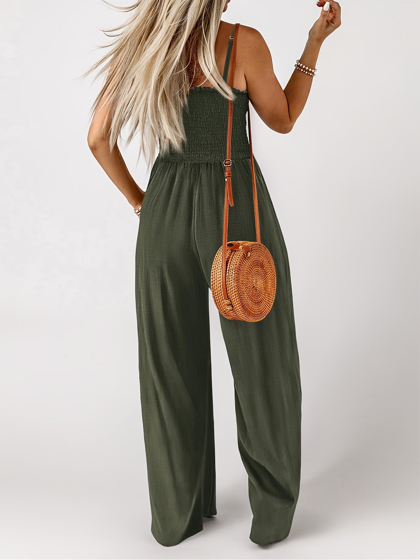 Solid Color Wide Leg Jumpsuit, Casual Spaghetti Strap Sleeveless Slant Pockets Jumpsuit For Spring & Summer, Women's Clothing MyFave Boutique