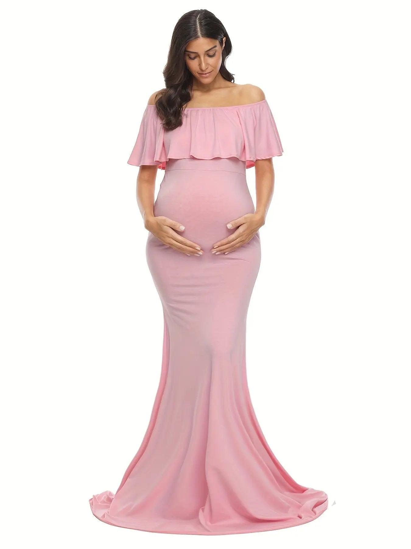 Womens Off Shoulder Maternity Dress Ruffles Elegant Slim Gowns Fit Maxi Photography Dress MyFave Boutique