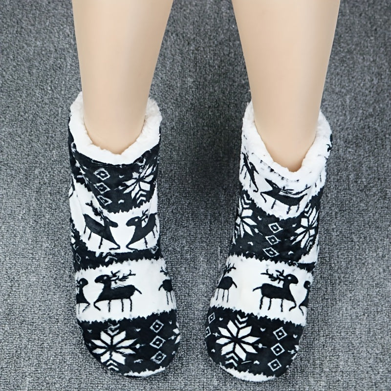 Christmas Style Plush Slipper Boots, Winter Cozy & Warm Slip On Flat Shoes, Thermal Home Floor Sock Slippers MyFave Boutique