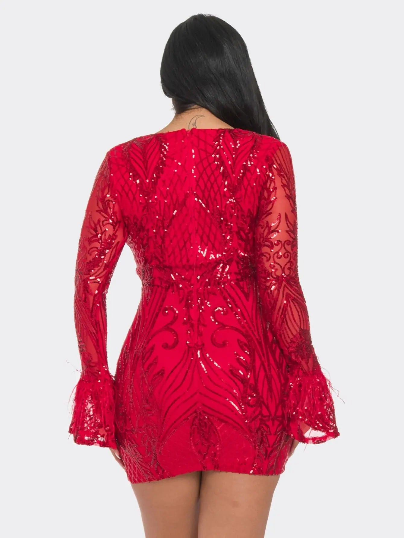 Elegant Long-Sleeve Sequin Mini Dress with Feather Trim Perfect for Glamorous Events MyFave Boutique