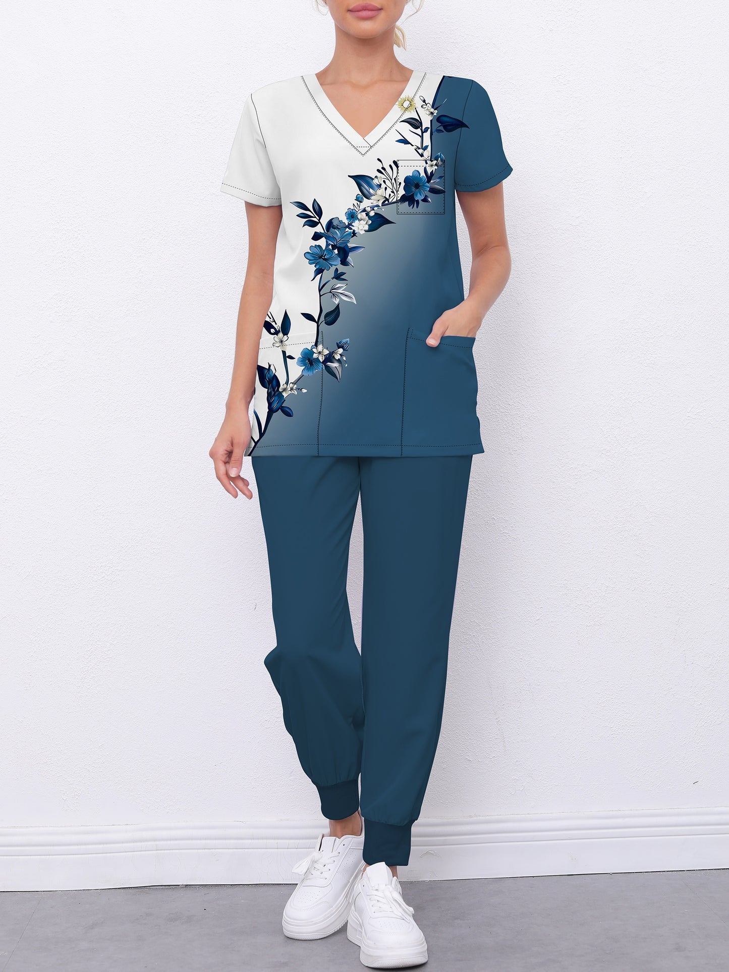 Floral Print Two-piece Scrubs Top, Short Sleeve V Neck Pockets Scrub Top & Jogger Pants Uniform For Hospital, Women's Clothing MyFave Boutique