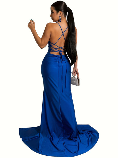 Women Off Shoulder V-Neck Maxi Long Dress Ruched Split Bodycon Mermaid Evening Cocktail Formal Dresses MyFave Boutique