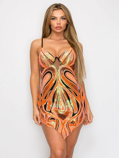 Vivid Orange and Green Sparkling Sequin Mini Dress - Sexy Sleeveless Bodycon with V-Neck and Adjustable Straps MyFave Boutique