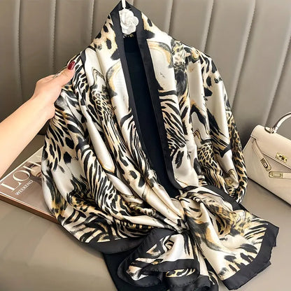 Stylish Leopard Print Scarf Simulated Silk Thin Smooth Shawl Mature Style Windproof Sunscreen Travel Scarf For Women MyFave Boutique