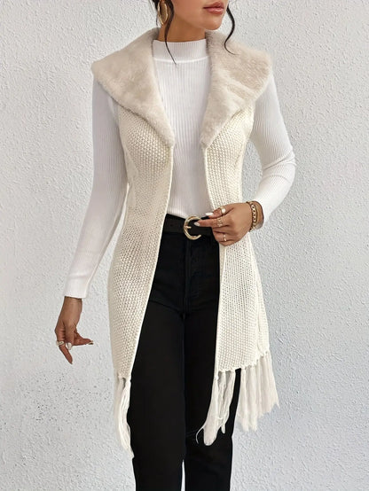 Tassel Hem Open Front Cardigan, Elegant Sleeveless Slim-Fit Faux Fur Lapel Neck Knee Length Cardigan For Fall & Winter, Women's Clothing MyFave Boutique