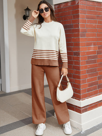 Women's 2 Piece Outfits Sweatsuit Knit Striped Pullover Top Wide Leg Pants Tracksuit Lounge Sets MyFave Boutique