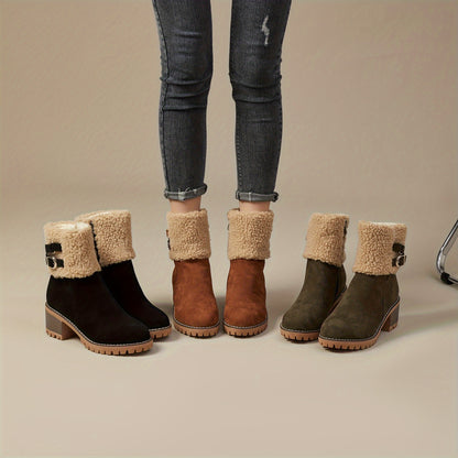 Women's Chunky Heel Short Boots, Casual Side Zipper Plush Lined Boots, Comfortable Winter Ankle Boots MyFave Boutique