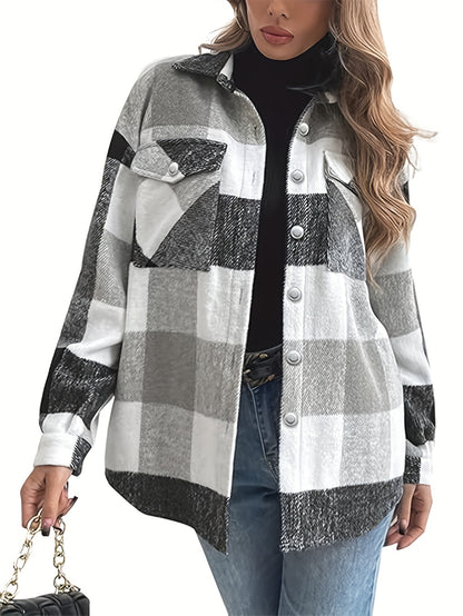 Plaid Print Flap Pockets Jacket, Casual Single Breasted Drop Shoulder Loose Outwear, Women's Clothing MyFave Boutique