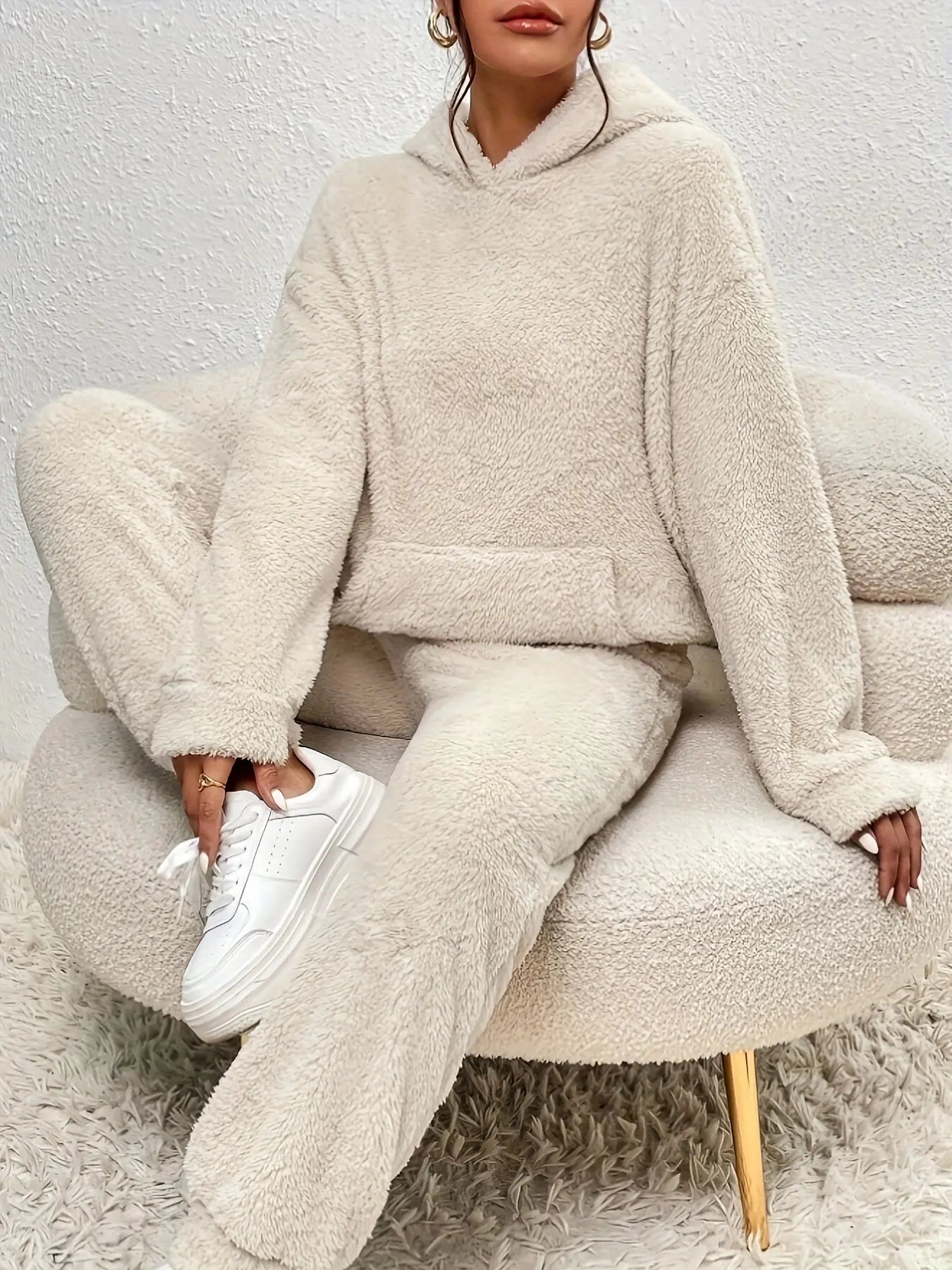 Women's Solid Fleece Thick Casual Pajama Set, Long Sleeve Hoodie With Kangaroo Pockets & Pants, Comfortable Relaxed Fit For Fall & Winter MyFave Boutique