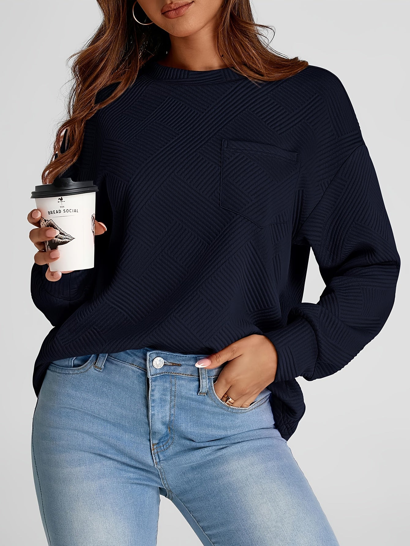 New Fashion Autumn/Winter Women's Casual Texture Long Sleeve Top Loose Commuter Round Neck Hoodie With Pocket MyFave Boutique