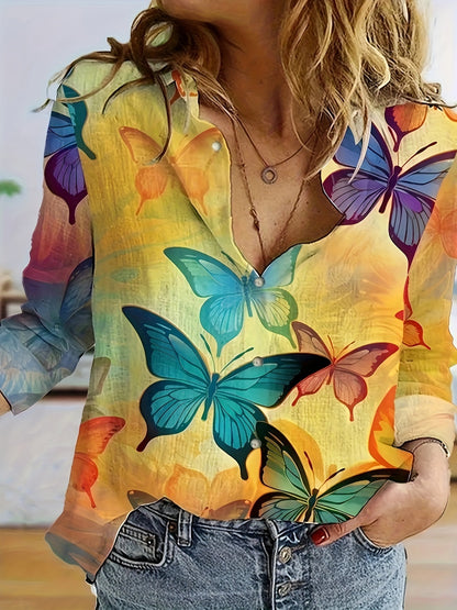 Women's Button-Down Butterfly Print Blouse - Casual Top MyFave Boutique