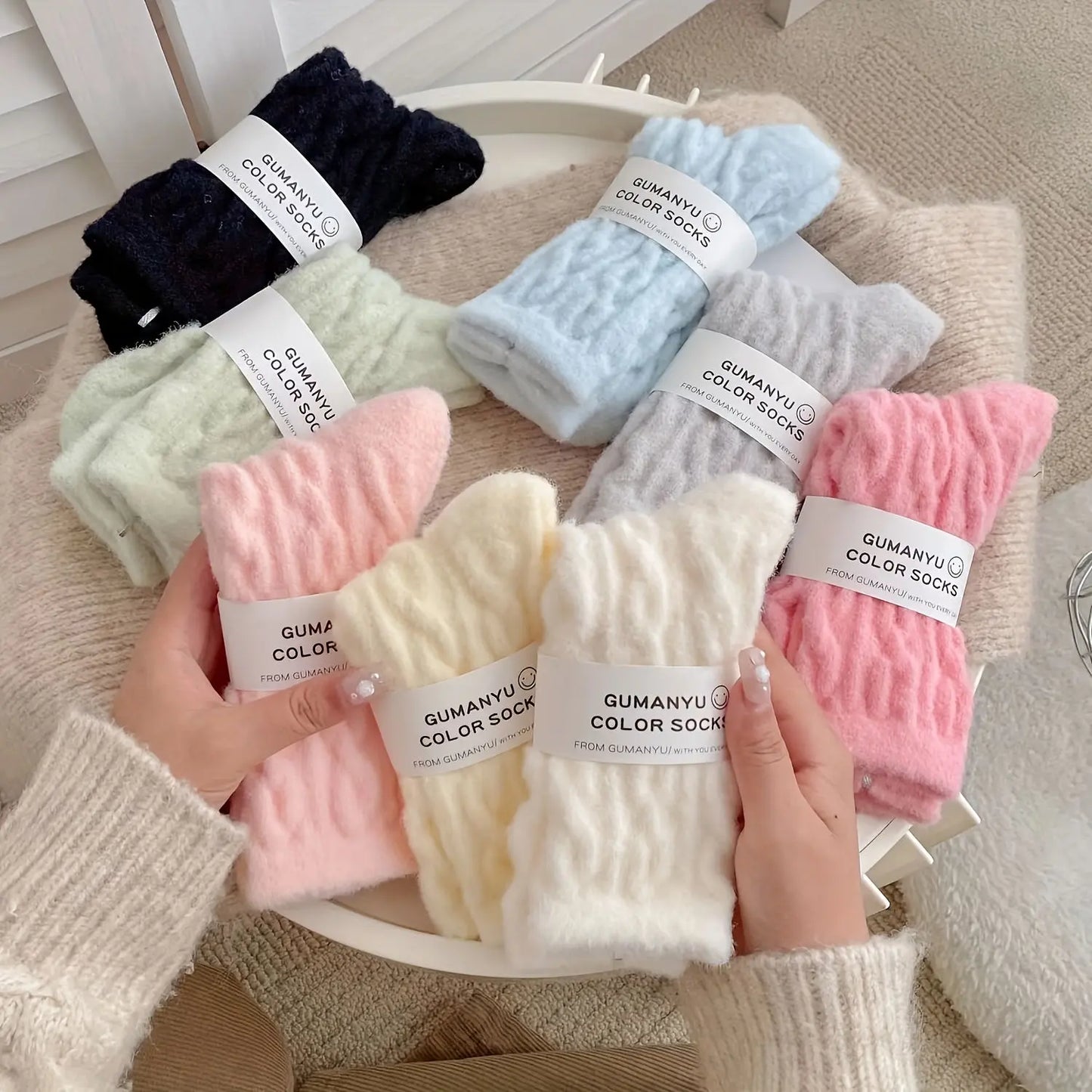 5 Pairs Pastel Twist Pattern Socks, Cute College Style Plush Mid-calf Socks For Fall & Winter, Women's Stockings & Hosiery MyFave Boutique