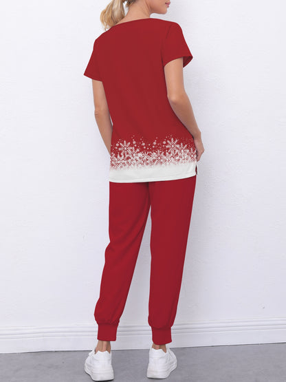 Women's Christmas Themed V-Neck Scrub Set with Pockets, Polyester and Elastane Blend, Casual Style, Slight Stretch Fabric, Regular Sleeve, All-Season Woven Uniform with Elastic Hem Pants MyFave Boutique