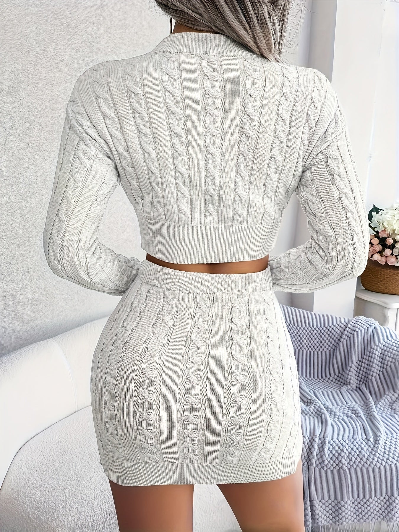 Elegant Cable Knit Skirt Set, Crew Neck Long Sleeve Crop Sweater & High Waist Bodycon Skirt For Spring & Fall, Women's Clothing MyFave Boutique