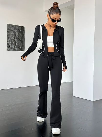 Fashion High Stretch Top Stitched Zipper Hooded Jacket & Sports Flare Leg Pants Running Fitness Sports 2-pieces Set MyFave Boutique