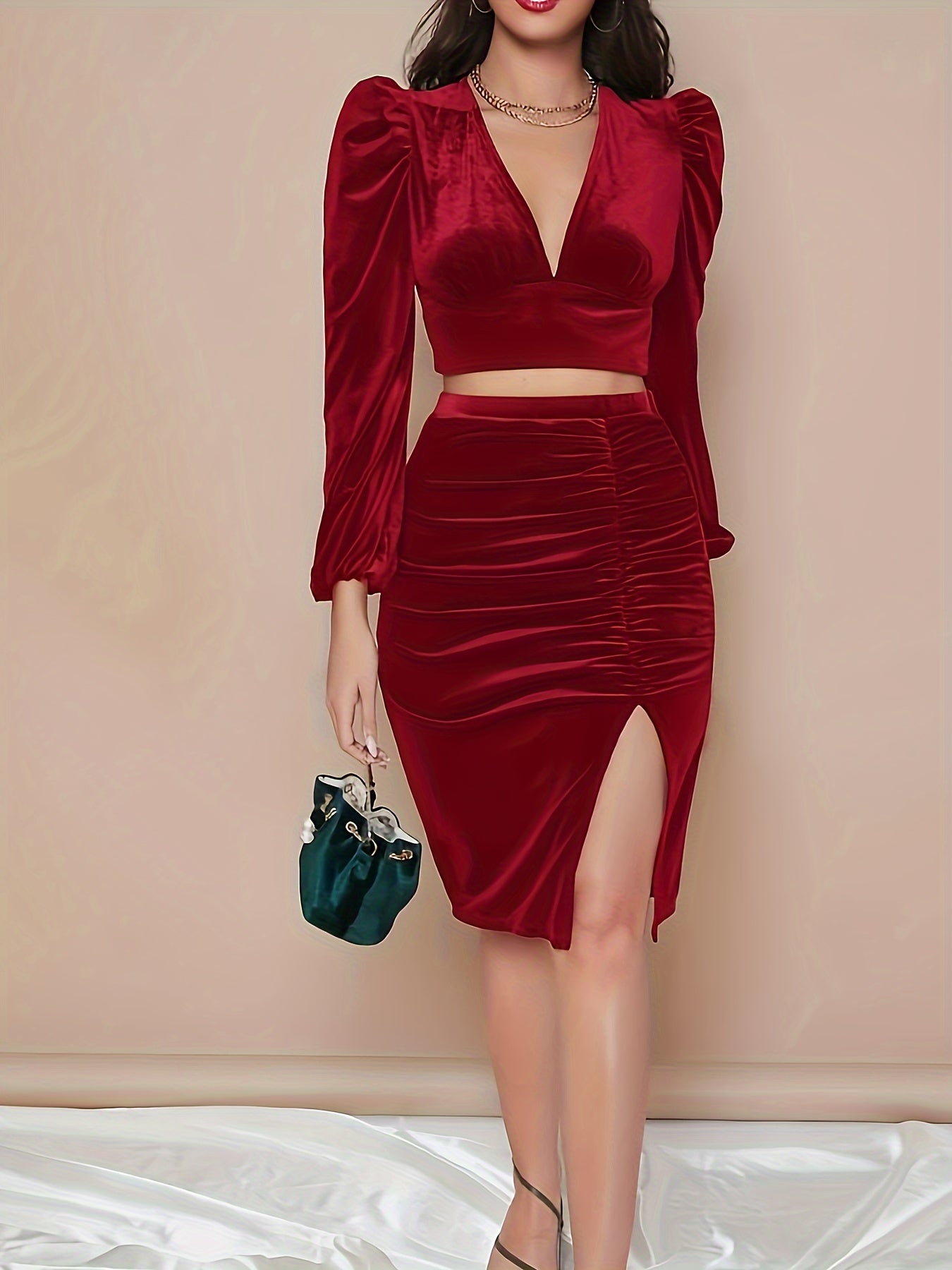 Velvet Solid Color Elegant Set, Crop Plunging Long Sleeve Top & High Waist Bodycon Slit Skirt, Women's Clothing MyFave Boutique