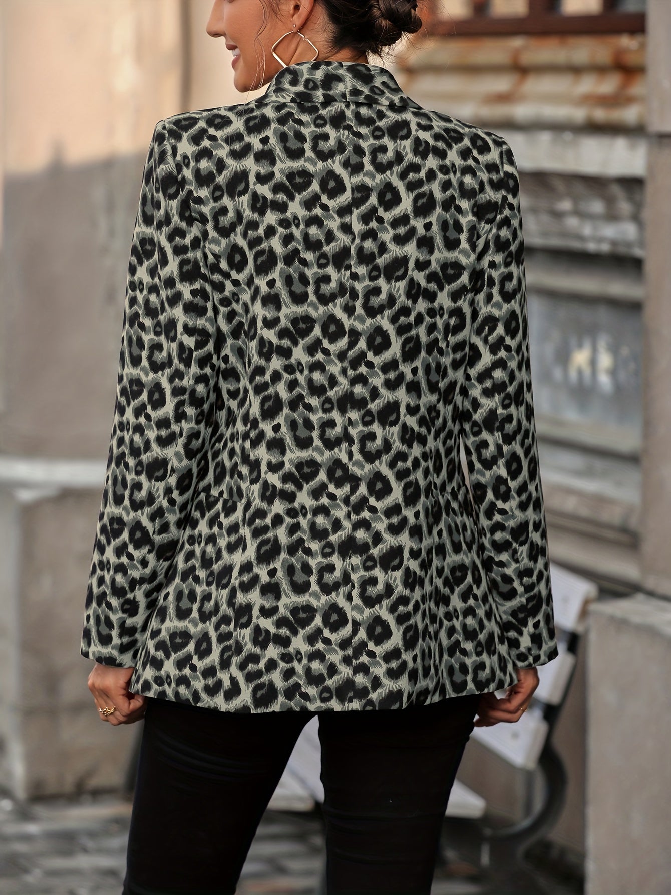 Leopard Print Open Front Blazer, Elegant Lapel Neck Long Sleeve Blazer For Office & Work, Women's Clothing MyFave Boutique