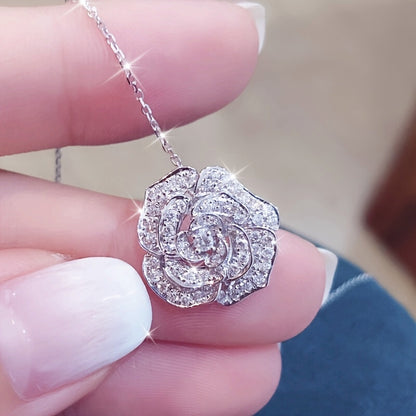 Gorgeous Camellia Glitter Pendant Necklace - Inlaid Zircon, Elegant Floral Design, Hollow Out, Dainty Chain, Neck Jewelry for Women, Perfect for Wedding, Party, Anniversary Gift MyFave Boutique