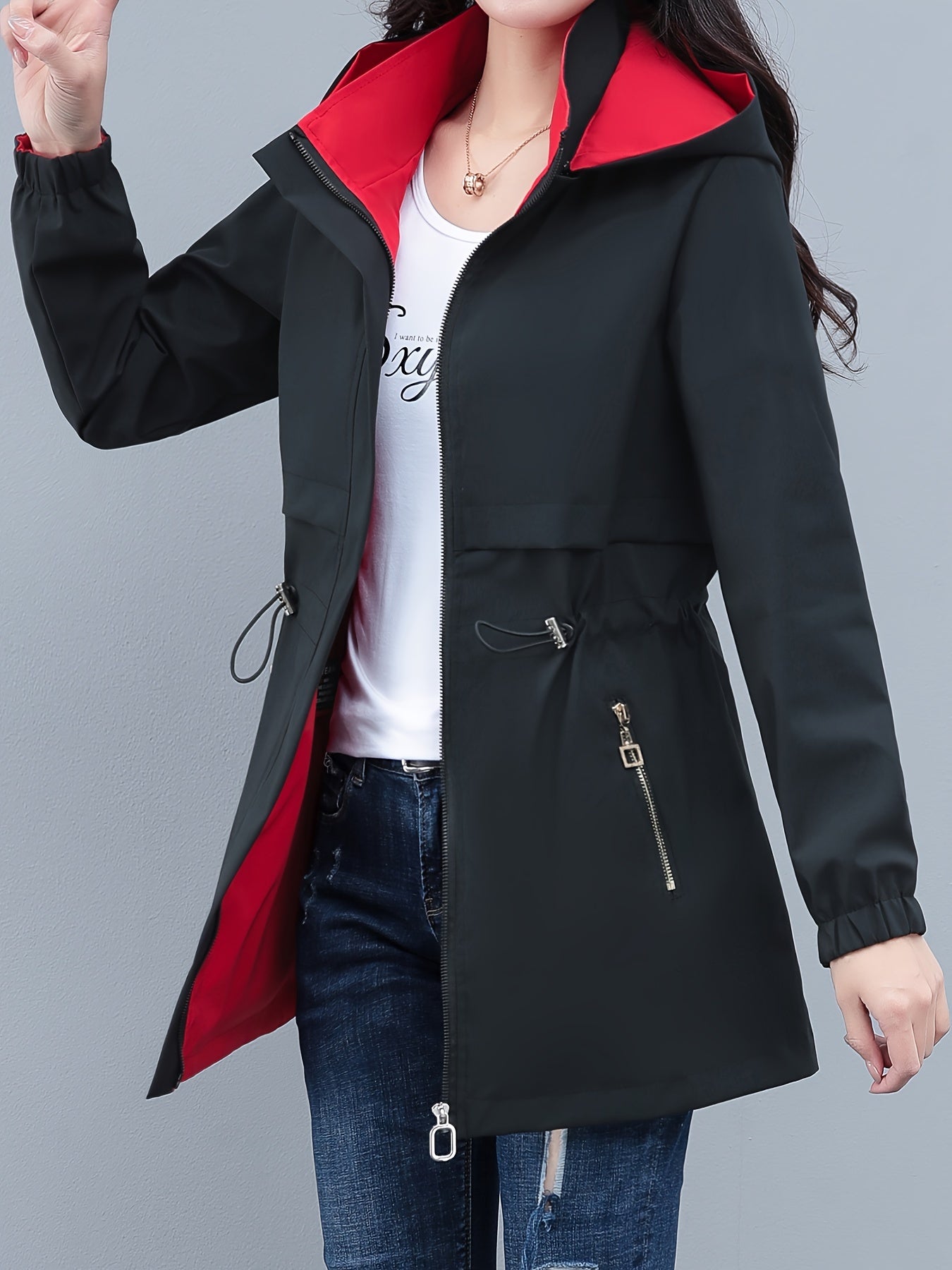 Color Block Zip-up Hoodie Windbreaker Jacket, Casual Long Sleeve Slant Pockets Drawstring Jacket For Spring & Fall, Women's Clothing MyFave Boutique